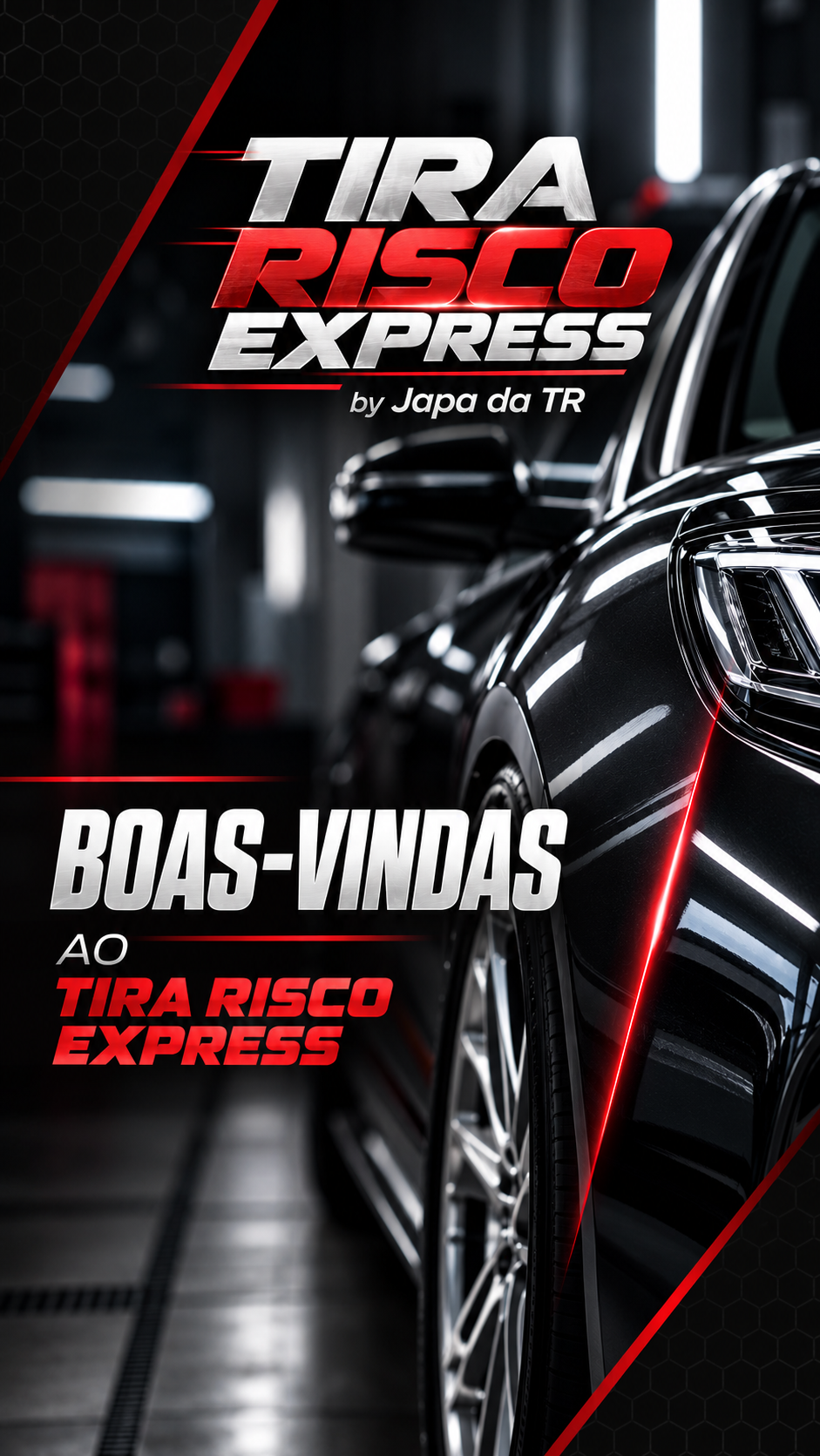 Carro preto premium conservado em estúdio automotivo, com iluminação preta, vermelha e metálica